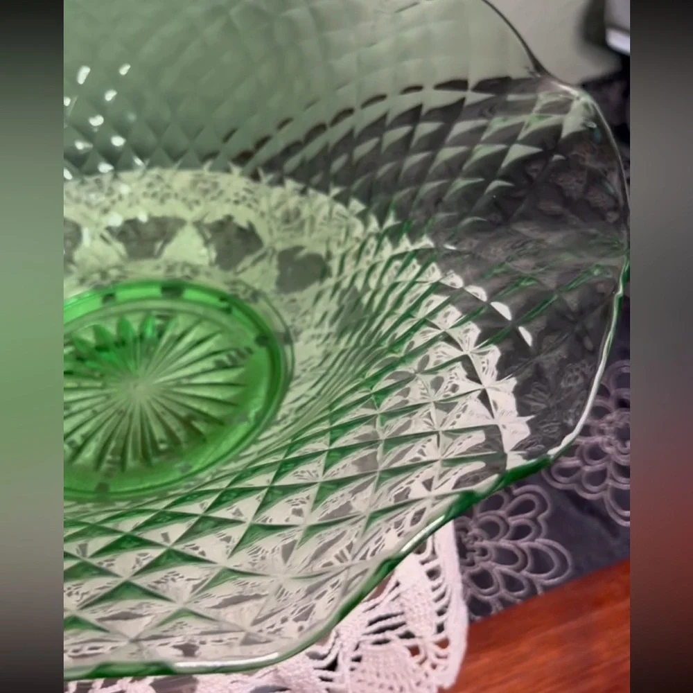 Vintage Emerald Green Diamond Point Art Glass Basket Bowl 12”